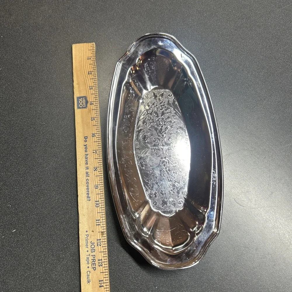 Silver Plated Serving Tray  Oval Etched Retro Decor Platter